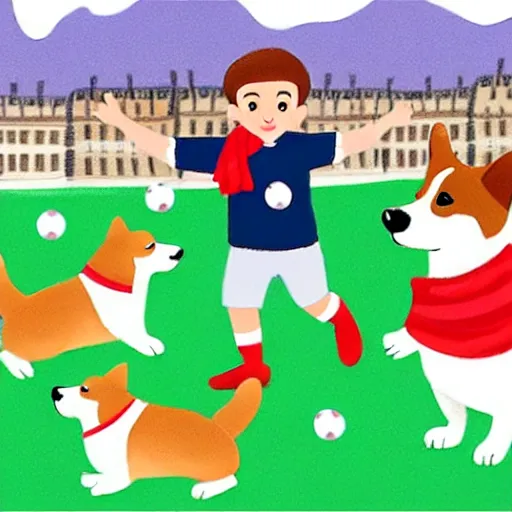 Image similar to illustration of french boy in paris playing football against a corgi, the corgi is wearing a polka dot scarf