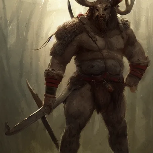Image similar to barbarian with moose head and wooden leg by greg rutkowski