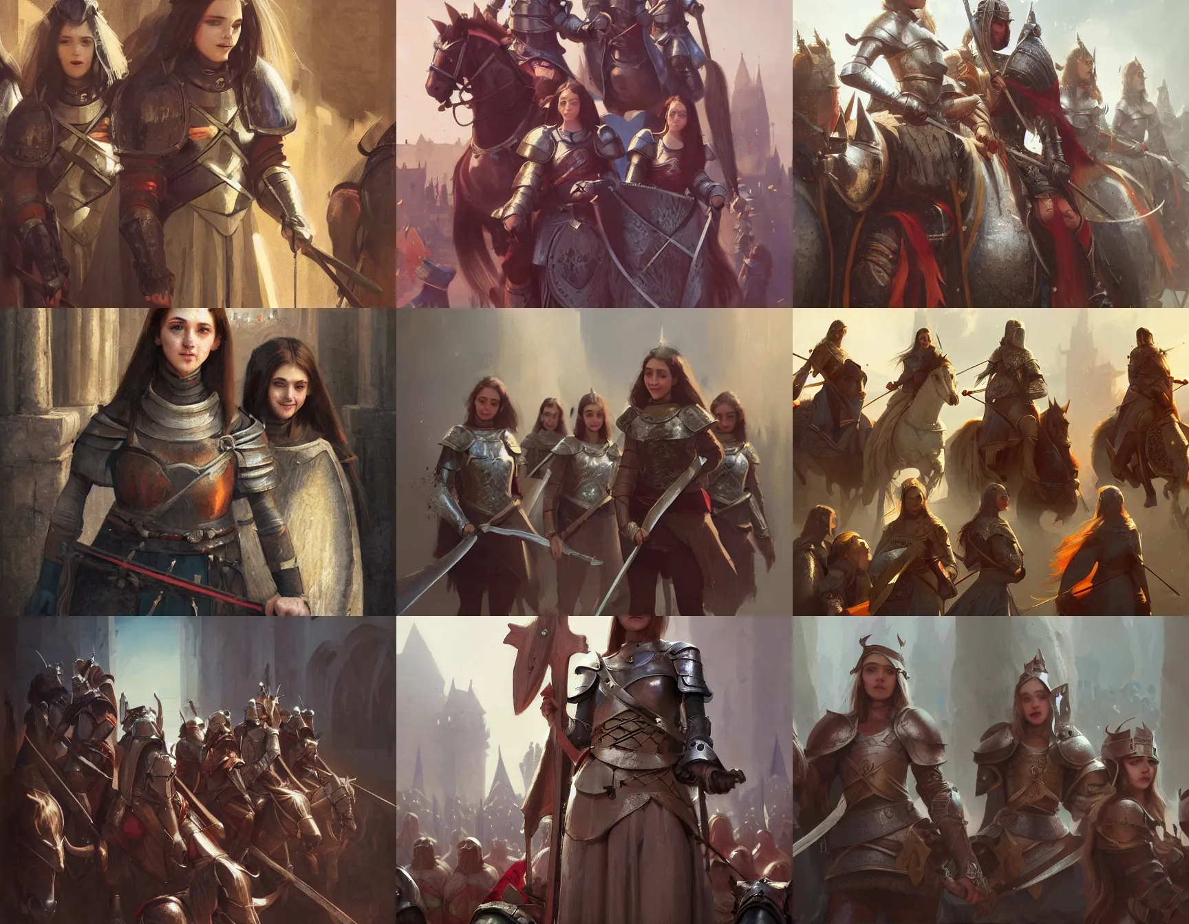 Prompt: a group of teenage girl medieval knights, smiling, digital portrait by greg rutkowski, intricate, soft focus, highly detailed, cinematic, epic, artstation