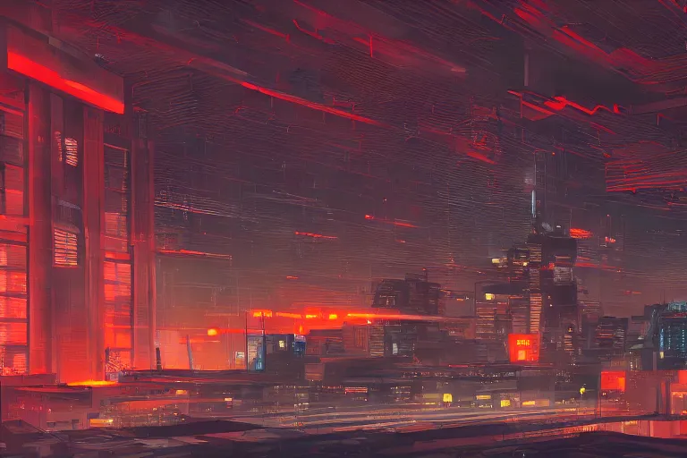 Prompt: orange government building, cyberpunk city, studio gainax art, intricate electronics, moody lighting