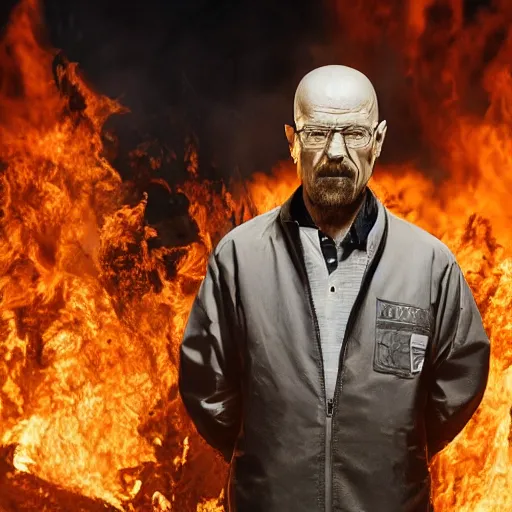 Image similar to a photo of walter white standing in front of a building on fire, highly detailed, 4 k