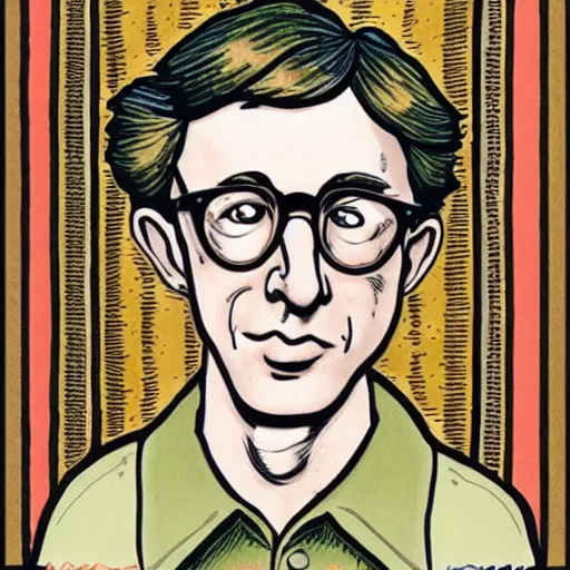 Image similar to a portrait illustration of Woody Allen drawn by ROBERT CRUMB