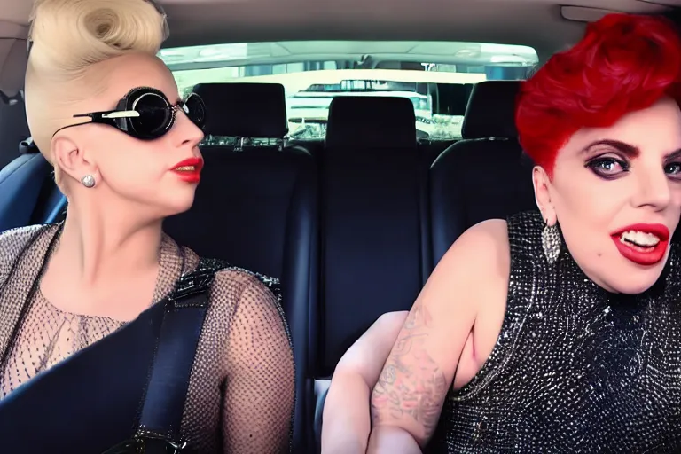 Image similar to lady gaga and judy garland carpool karaoke, highly realistic, highly detailed, high resolution, 8 k 4 k,