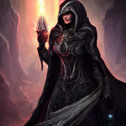 Image similar to character concept, beautiful warlock in armor, black hair, hooded cowl, intricate smooth patterns, cosmic armor, diablo splash art, cinematic lighting, hr giger style