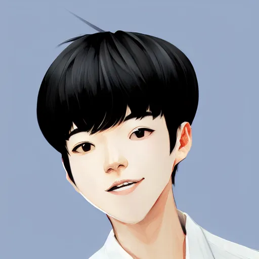 Image similar to a headshot of a very happy bts jimin closed smile - short black hair wearing male school uniform, sharp focus, illustration, morandi color scheme, art station, high detailed, by ilya kuvshinov, gorillaz art