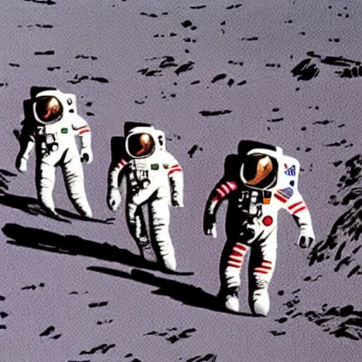 Image similar to a painting of astronauts walking on the moon with the earth in the background, by howard finster