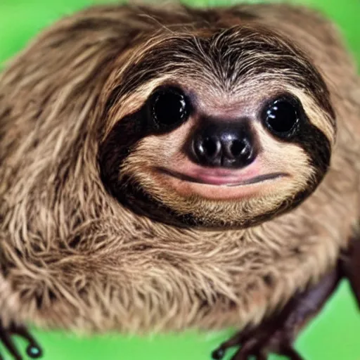 Prompt: a photo of a hybrid animal which is half sloth and half frog