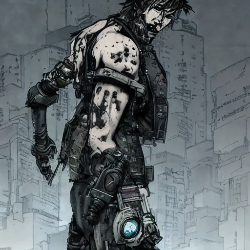 Prompt: a post-apocalyptic cyberpunk grimdark martial artist in the style of leonard boyarsky in the style of Yoji Shinkawa detailed realistic HD 8k High Resolution