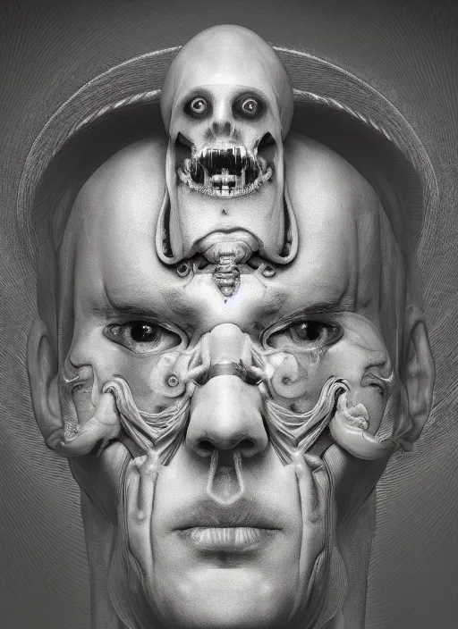 Image similar to portrait of janus bifrons, cinematic lighting, studio portrait against a black background, modern fine art, fractal, intricate, elegant, highly detailed, digital photography, subsurface scattering, in the style of ghost, by jheronimus bosch and yue minjun and giger and greg rutkowski,