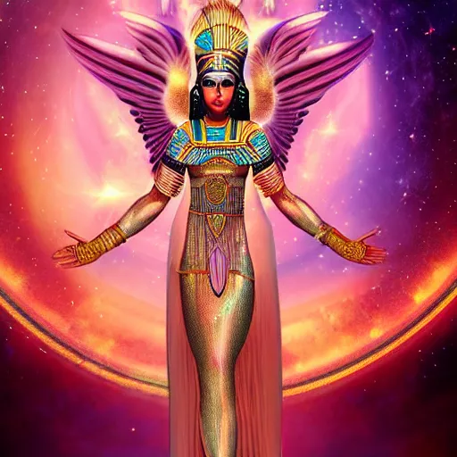 Image similar to high priestess channeling the Egyptian goddess Isis, radiant, joyful, loving, backlit, standing in a cosmic crystal temple surrounded by stars, digital art trending on artstation