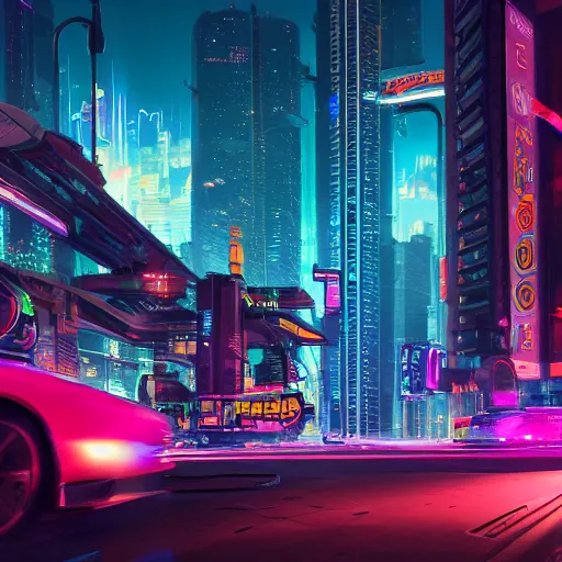 Prompt: Neon cyberpunk cityscape with flying cars and advertisement screens, Blender 3D, Unreal Engine, 8k, by Jordan Grimmer and Andrea Pozzo