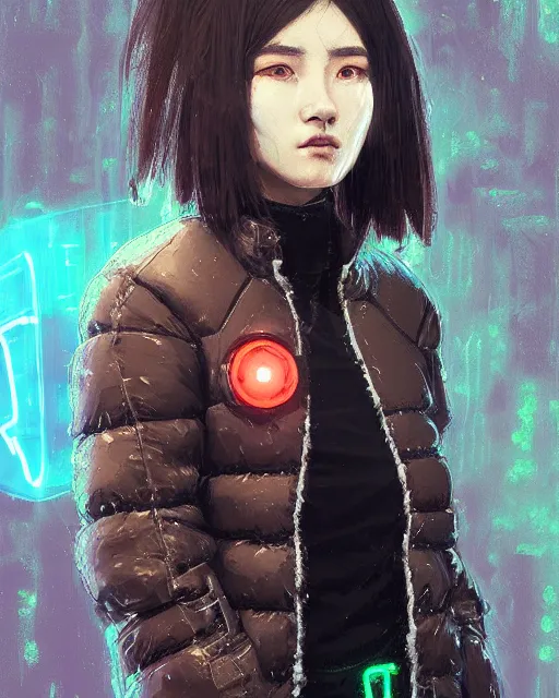 Image similar to detailed portrait Neon guard girl with short brown hair, cyberpunk futuristic, reflective puffer jacket, black leggings, decorated with traditional Japanese ornaments by Ismail inceoglu dragan bibin hans thoma, Perfect face, fine details, realistic shaded, fine-face, pretty face