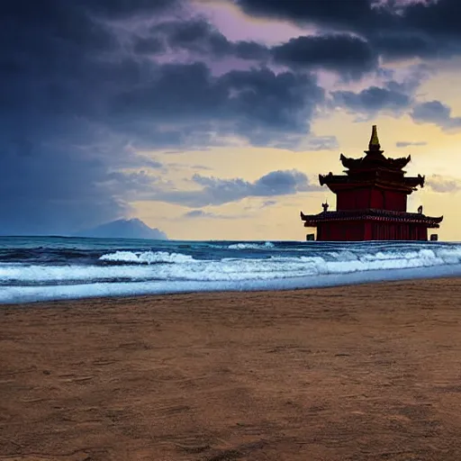 Prompt: deserted seaside coast temple in tibet, sunrise, waves, kites, storm in the background, art by daarken, wayne reynolds, chuck luckacs, lars grant-west