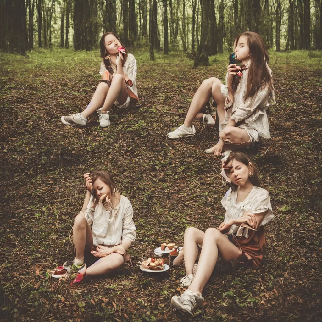 Image similar to a girl sitting in a forest, girl eating a piece of cake, sunny day, windy day, girl with clear beautiful face