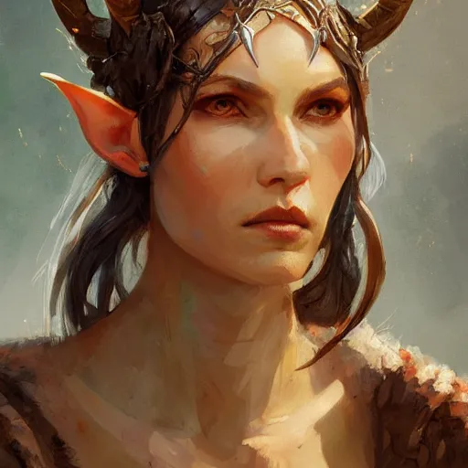 Prompt: portrait of an elven woman with small copper horns, by greg rutkowski, trending on artstation, dungeon and dragons art