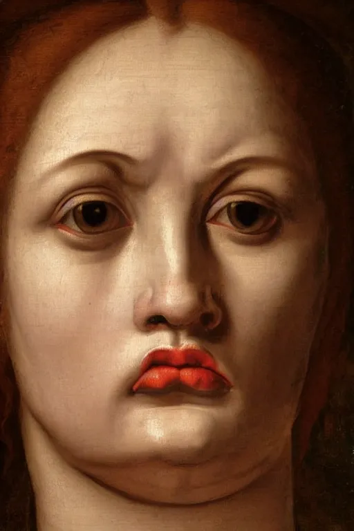 Image similar to renaissance painting of woman, angry face, emotions closeup, angry lips, angry eyes, dressed in roman clothes, ultra detailed, made in bronze, art by Guido Reni style, Vincenzo Catena style