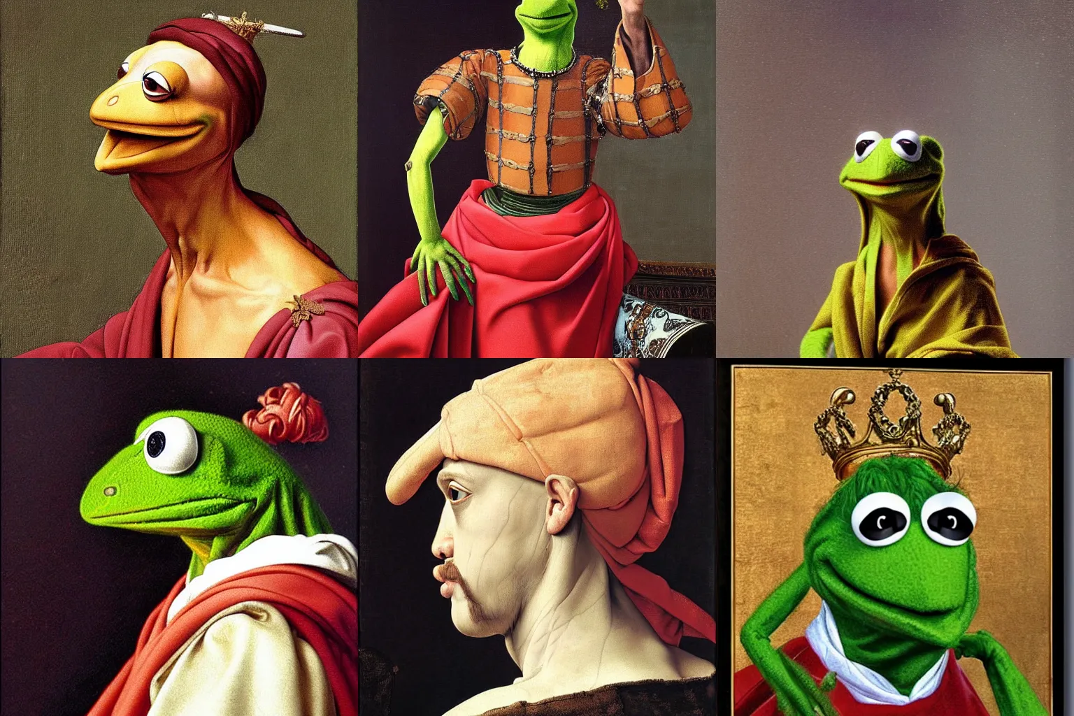 Prompt: A extremely highly detailed majestic hi-res beautiful, highly detailed head and shoulders painting of kermit the frog in royal medieval kingly robes by Michelangelo Merisi da Caravaggio,