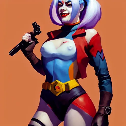 Image similar to Greg Manchess portrait painting of Harley Quinn as Overwatch character, medium shot, asymmetrical, profile picture, Organic Painting, sunny day, Matte Painting, bold shapes, hard edges, street art, trending on artstation, by Huang Guangjian and Gil Elvgren and Sachin Teng