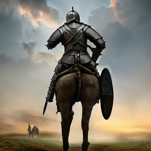 Image similar to art of a medieval knight from the back in full growth, in the middle of a lonely battleground where corpses lie another knights and horses, 4K, high detailed