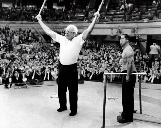 Prompt: bernie sanders deadlifting 200lb barbells, holding the barbells high above his head, in senate chambers during filibuster