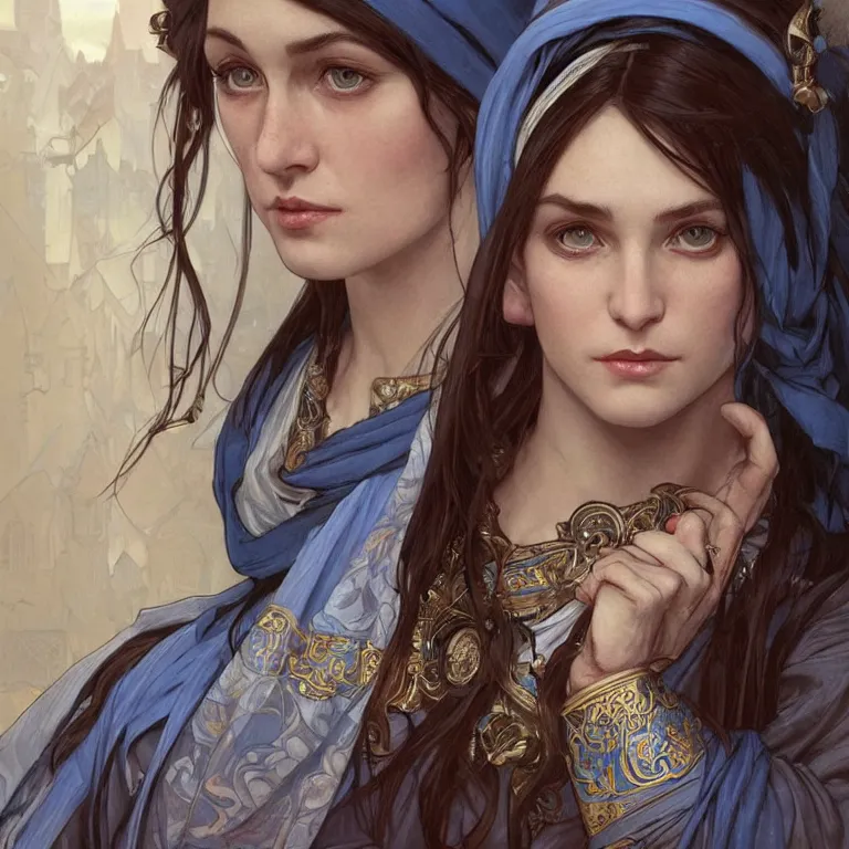 Image similar to Portrait of a Slavic female cleric with kerchief covering her ears. Blue eyes, black hair, porcelain skin, full lips, high slanted cheekbones. Fantasy art by artgerm and greg rutkowski and alphonse mucha, intricate, elegant, highly detailed, dramatic lighting, concept art, illustration, award winning on artstation, D&D, Dungeons and Dragons, Western European.