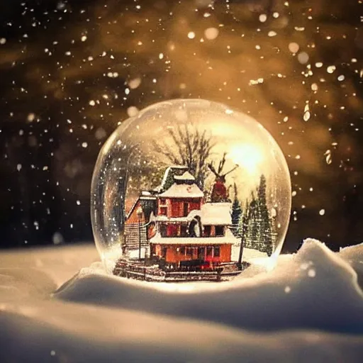 Image similar to An amazingly beautiful!!!! Snowglobe!!! With a tiny village inside and little tiny people, there are snowflakes falling around the snowglobe and the snowglobe is sitting in the snow, everything is wintery, sparkly and truly magical, arctic, summer, 8k resolution matte fantasy painting, cinematic lighting, DeviantArt, Artstation, Jason Felix Steve Argyle Tyler Jacobson Peter Mohrbacher