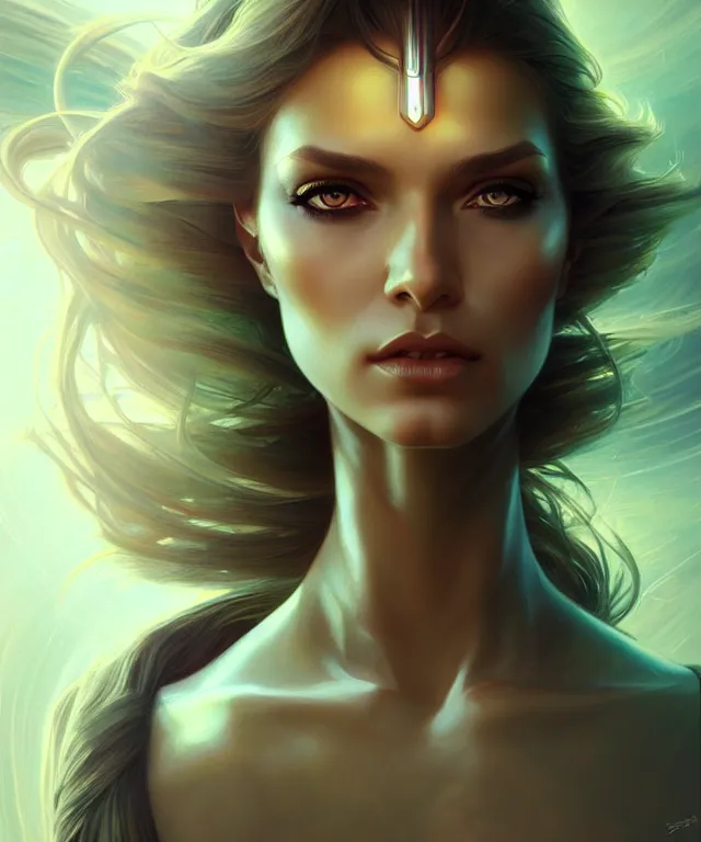 Image similar to futuristic woman portrait, sci-fi, amber eyes, face, long hair, fantasy, intricate, elegant, highly detailed, digital painting, artstation, concept art, smooth, sharp focus, illustration, art by artgerm and greg rutkowski and alphonse mucha