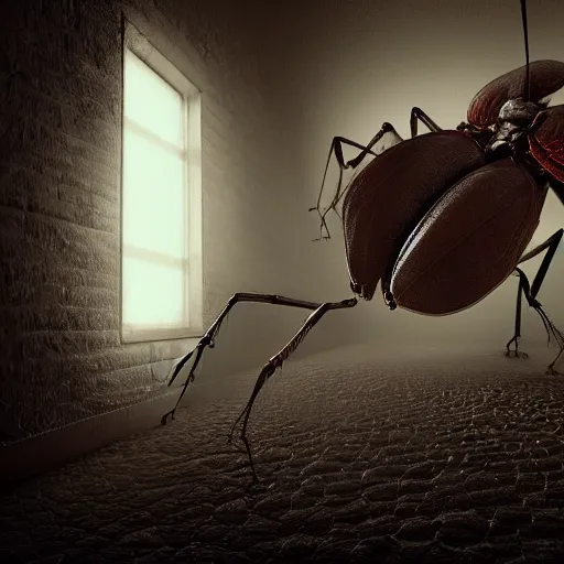 Image similar to Horrifying giant bugs in a small cramped dark room, ominous, 4K, high octane,