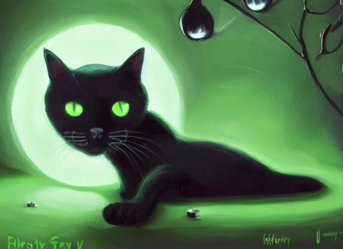 Prompt: a black cat with glowing green eyes, in candy city for a game candy themed, oil painting by jama jurabaev, extremely detailed, brush hard, artstation, for aaa game, high quality, brush stroke