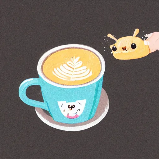 Image similar to a hand drawn cute illustration of a living box of mac and cheese holding a cup of coffee