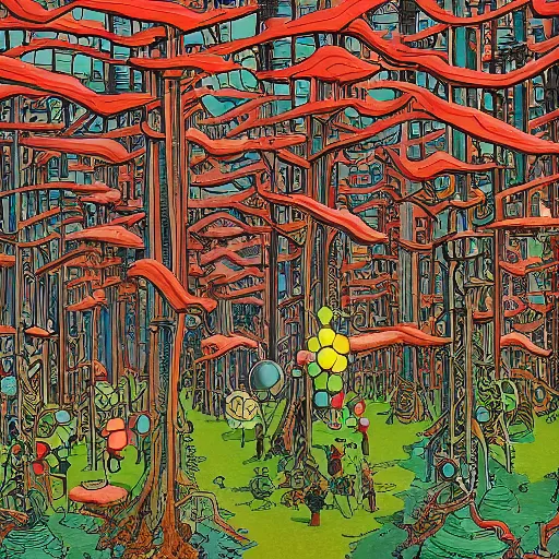 Image similar to a panoramic painting of a mechanical forest by Dan Santat and Geof Darrow, high detail, masterpiece