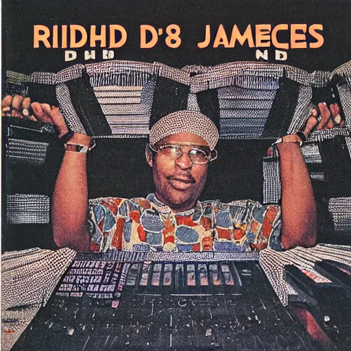 Image similar to Richard D James on the 808 drum machine, vinyl cover from 1988