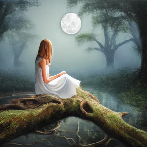 Image similar to an ultra realistic painting of a girl in a white dress sitting on the roots of a gigantic ancient tree overlooking a pond at night, surrounded by a towering dark forest, the moon can be glimpsed through the trees and is veiled by fog, fog obscures the background, midnight, dark fantasy, fantasy forest, spooky forest, highly detailed, concept art