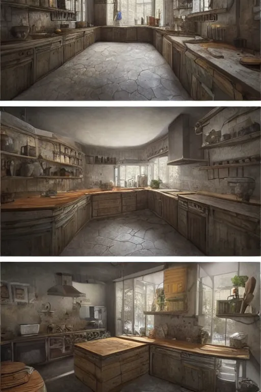 Image similar to a beautiful rendered world made of modern Kitchen fronts and parts, hyper-realistic environment, Epic concept art
