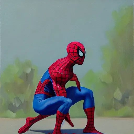 Image similar to spiderman kneels, praying to spider god, oil painting