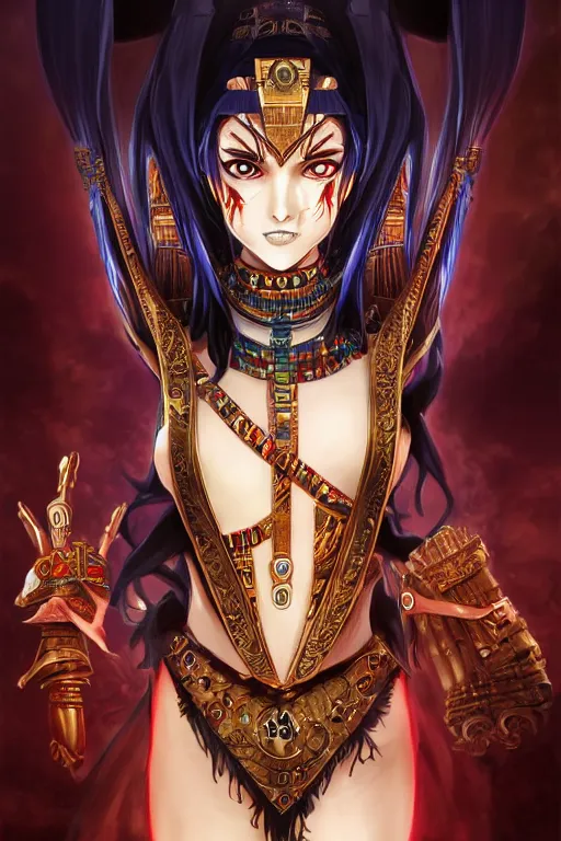 Prompt: a head to upper torso portrait of a smirking necromancer queen cleopatra, beautiful and detailed eyes, with pyramids and a giant crimson moon with the eye of ra in the background, by tite kubo and guweiz and stanley artgerm, dramatic lighting, manga cover, highly detailed, incredible quality, trending on artstation