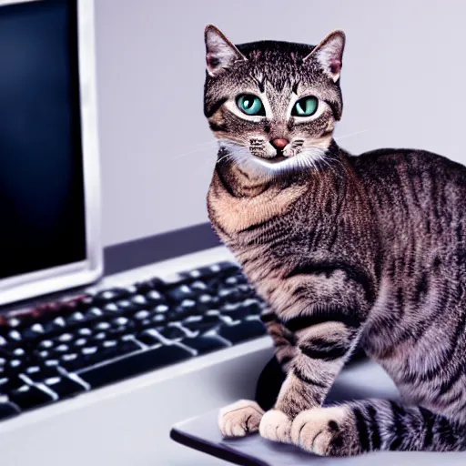 Prompt: realistic photo of an anthropomorphic cat wearing a business suit using a computer in an office