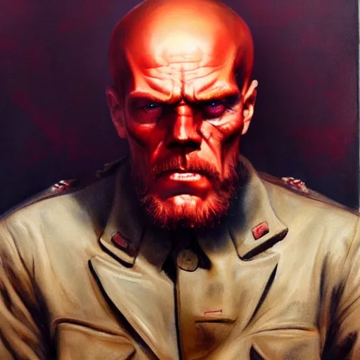 Image similar to ultra realistic portrait painting of red skull vladimir lenin, art by frank frazetta, 4 k, ultra realistic, highly detailed, epic lighting