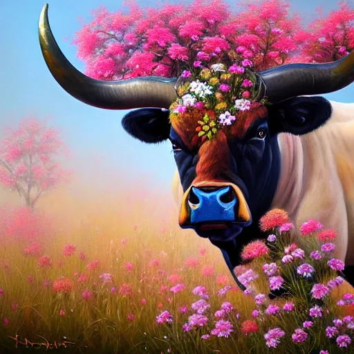 Image similar to beautiful oil painting depicting a scene with a bull who's skin completely covered by flowers and plants, fullbody shot, high details, trending on artstation