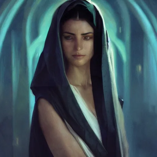 Image similar to a Photorealistic dramatic hyperrealistic render of an arab ameera al taweel, blue eyes, black hair, white veil,by WLOP,Artgerm,Greg Rutkowski,Alphonse Mucha, Beautiful dynamic dramatic dark moody lighting,shadows,cinematic atmosphere,Artstation,concept design art,Octane render,8K