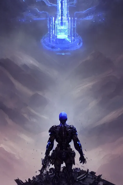 Prompt: a distant shot of a human super soldier with blue and yellow flag and standing alone on a huge pile of human skulls as a winner, masculine figure, D&D, fantasy, bright hopeful atmosphere, volumetric lights, beam of bright light through the clouds, intricate, elegant, highly detailed, extremely detailed, digital painting, artstation, concept art, matte, smooth, sharp focus, hyper realistic, illustration, art by Artgerm and Greg Rutkowski and Alphonse Mucha