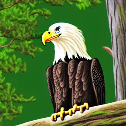 Image similar to cute cartoon baby bald eagle in the American forest, Ghibli, clipart