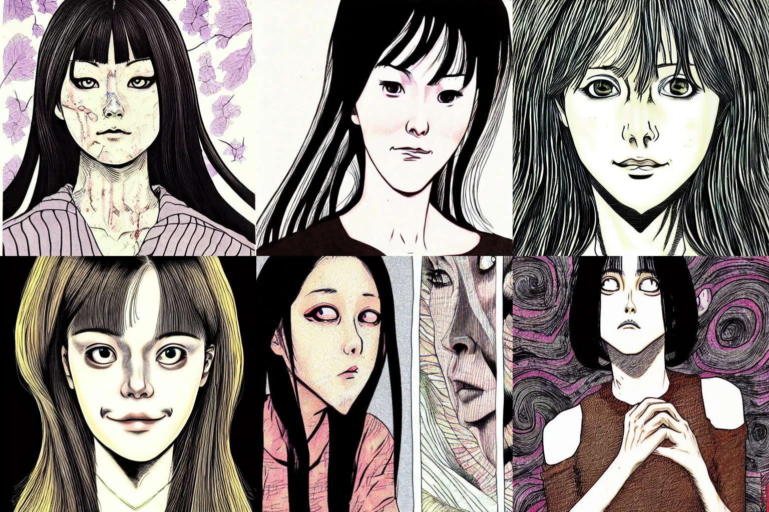 Prompt: beautiful woman portrait, colored, by Junji Ito