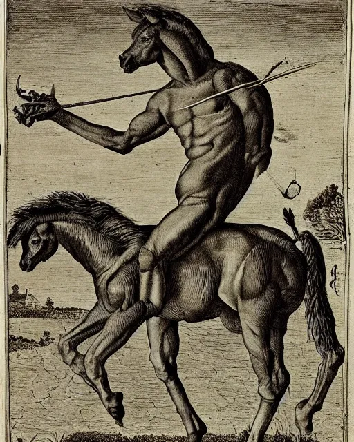 Image similar to centaur, high detail, extremely detailed, very sharp, in the style of theodor de bry, jost amman,