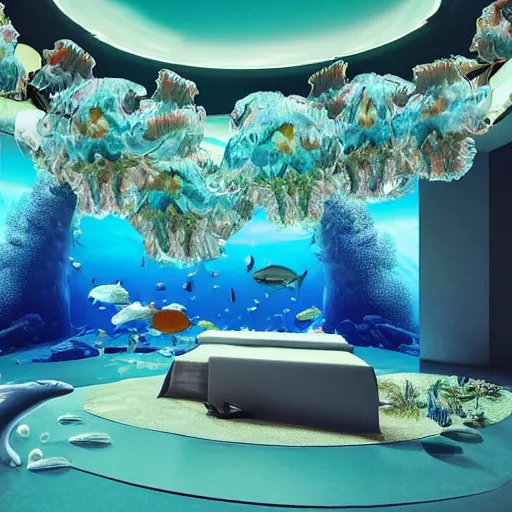Prompt: photo of the modern fashionable room as aquarium with a chandelier as a big jellyfish, beautiful corals on the walls and dangerous sharks on the big panoramic window, realism, sharp details, cinematic, a lot of gleans, under the ocean, realistic colors, realistic shadows, daylight by beeple