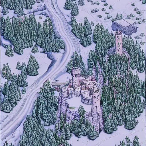 Prompt: An isometric overhead view of a narrow valley, winter time, dark pine trees, a small village, a tall castle guarding one end of the valley, fantasy style, D&D sourcebook, art by Moebius, hyper detailed, high quality