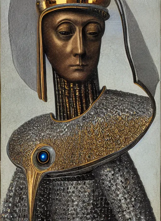 Image similar to a portrait of a shiny metallic renaissance robot, in the style of Jan van Eyck,