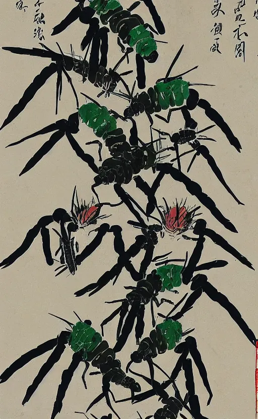 Image similar to qi baishi's chinese painting, insect and plant