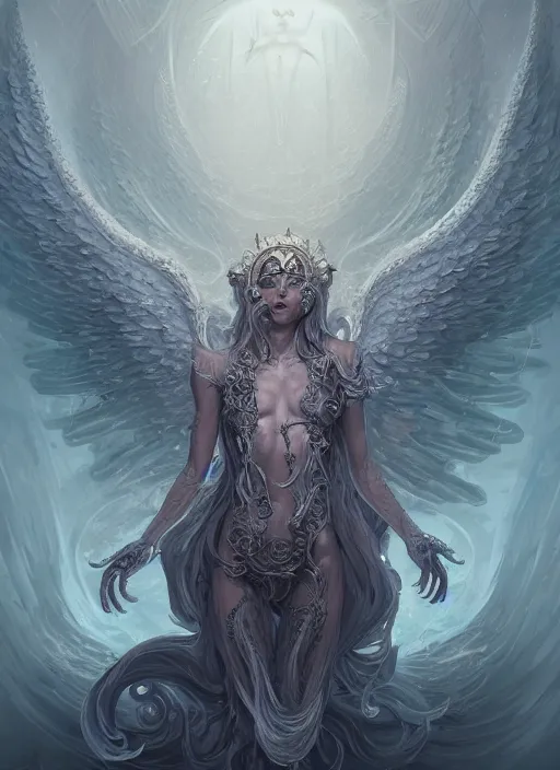 Image similar to a highly detailed illustration of lovecraftian divine angel with hundreds of eyes, horrifying floating looking down pose, intricate, elegant, highly detailed, centered, digital painting, artstation, concept art, smooth, sharp focus, league of legends concept art, wlop.