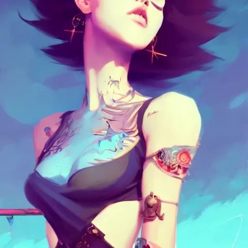 Image similar to a beautiful punkrocker in crop top, concept art by pete mohrbacher and guweiz and ilya kuvshinov, digital art, highly detailed, intricate, sharp focus, trending on artstation hq, deviantart, unreal engine 5, 4 k uhd image